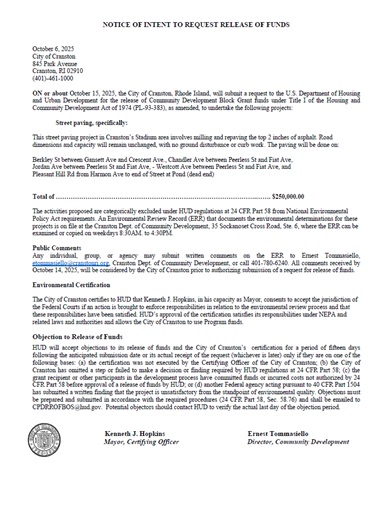 City of Cranston Notice of Intent (NOI) to Request Release Of Funds (RROF) for Stadium Area Street Paving